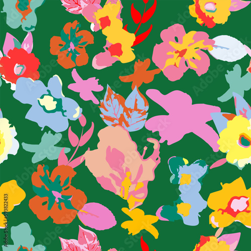 Trendy floral seamless pattern. Colorful groovy artwork  backdrop with flowers.