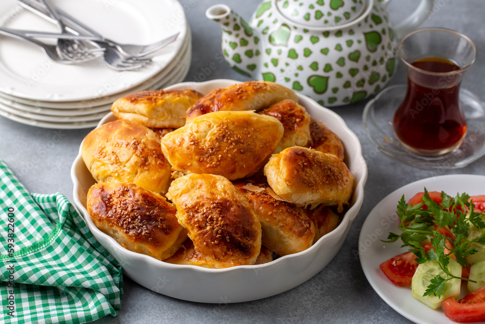 Turkish cuisine; Handmade Cheese Pastry (Turkish name; peynirli pogaca) Turkish cuisine; Handmade Cheese Pastry (Turkish name; peynirli pogaca)