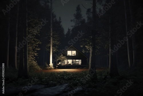 Forest cabin in the dark woods at night,  like a terror © Ygor