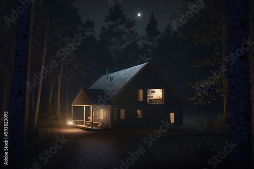 Forest cabin in the dark woods at night, 
like a terror