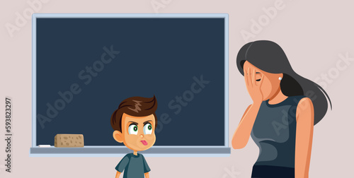 Rude Student Stressing his Teacher during Class Time Vector Illustration. Stressed teacher dealing with misbehaving little schoolboy 
