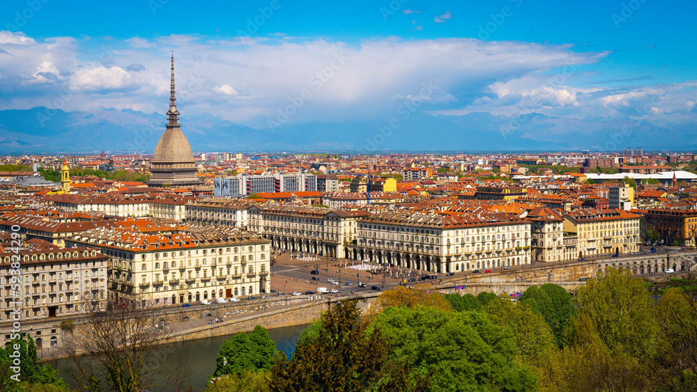 Torino City Skyline With The View Of Mole Antonelliana Over The Po 