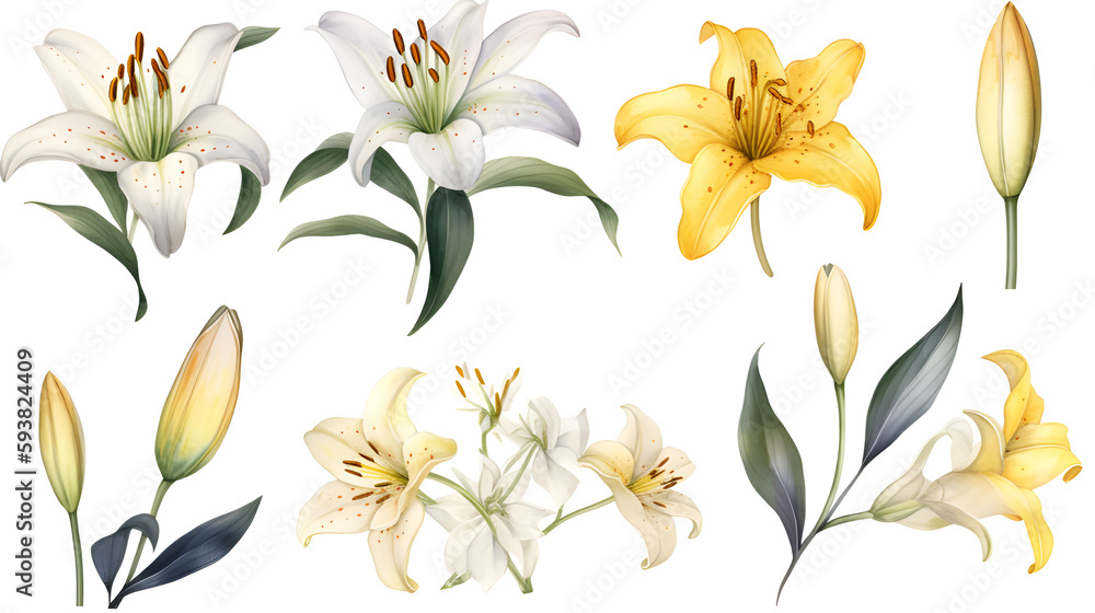 the yellow lily watercolor hand draw isolated on the white background ...