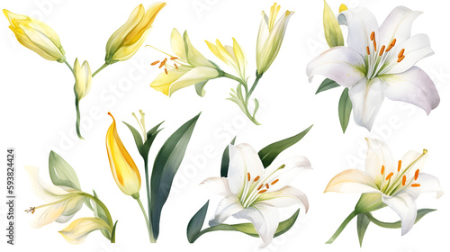 Fototapeta Naklejka Na Ścianę i Meble -  the yellow lily watercolor hand draw isolated on the white background. Generative AI