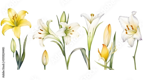 Fototapeta Naklejka Na Ścianę i Meble -  the yellow lily watercolor hand draw isolated on the white background. Generative AI