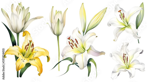 Fototapeta Naklejka Na Ścianę i Meble -  the yellow lily watercolor hand draw isolated on the white background. Generative AI