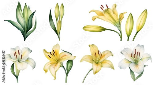 the yellow lily watercolor hand draw isolated on the white background. Generative AI