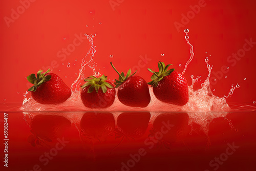 a group of strawberries splashing into strawberry juice. Created with Generative AI Technology