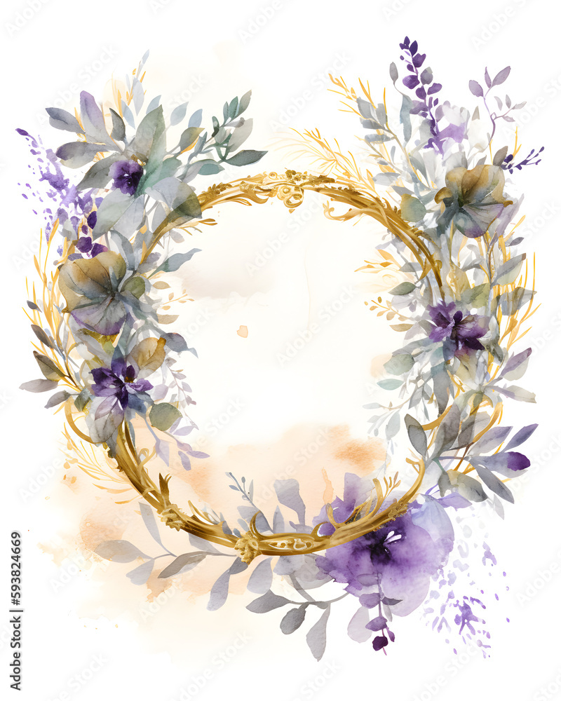 Obraz premium Hand drawn Watercolor Floral Round Wreath Isolated on White Background. Generative AI