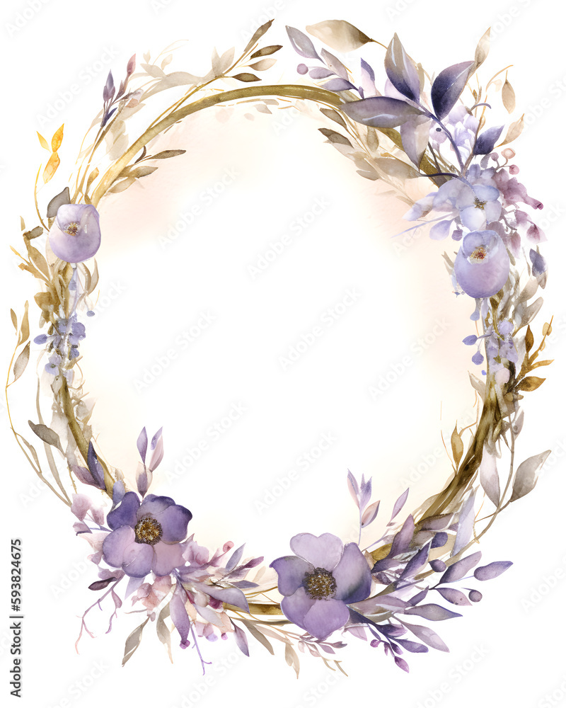 Obraz premium Hand drawn Watercolor Floral Round Wreath Isolated on White Background. Generative AI