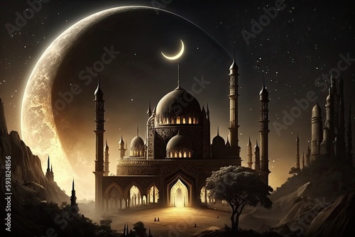 Mosque islamic ramadan moon background dark cinematic background Ai Generated