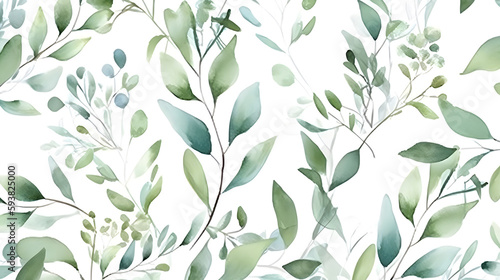 Watercolor seeded eucalyptus seamless pattern. Watercolor floral frame or border with green leaves and branches  for wedding stationary  greetings  wallpapers  fashion  background. Generative Ai