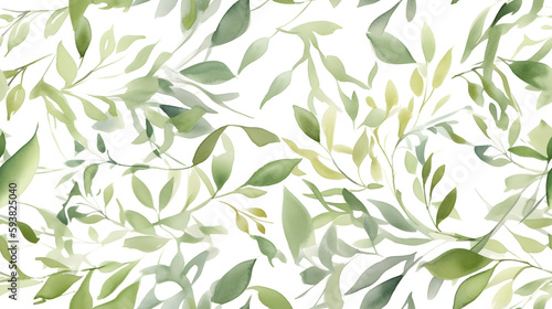Watercolor seeded eucalyptus seamless pattern. Watercolor floral frame or border with green leaves and branches, for wedding stationary, greetings, wallpapers, fashion, background. Generative Ai