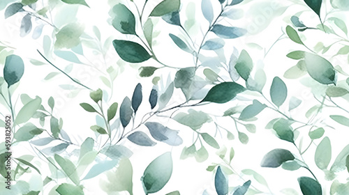 Watercolor seeded eucalyptus seamless pattern. Watercolor floral frame or border with green leaves and branches, for wedding stationary, greetings, wallpapers, fashion, background. Generative Ai