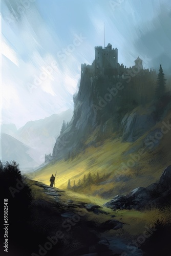 Fototapete caspar man horse mountainous area novel cover misty castle creating presence pat