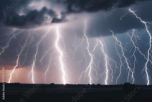 Lightning streak from a thunderstorm cloud at night in a rural setting. There are multiple lightning strikes coming from the thunderstorm
