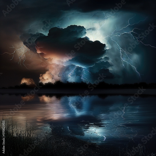 Lightning streak from a thunderstorm cloud at night in a rural setting. There are multiple lightning strikes coming from the thunderstorm