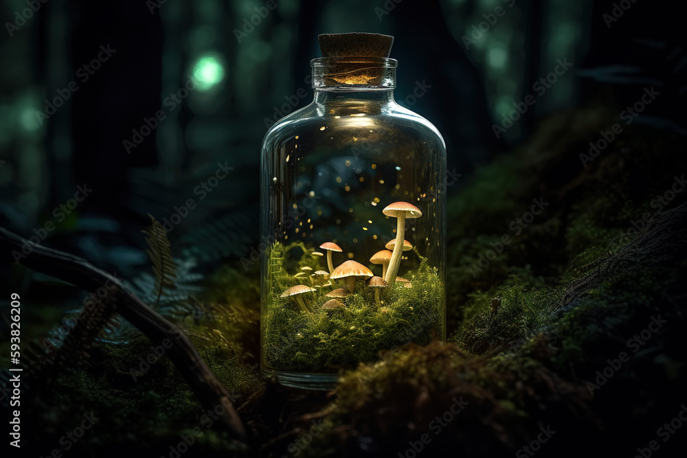 There is a bottle containing fireflies on the rocks of AI Forest There is a bottle containing fireflies on the rocks of AI Forest