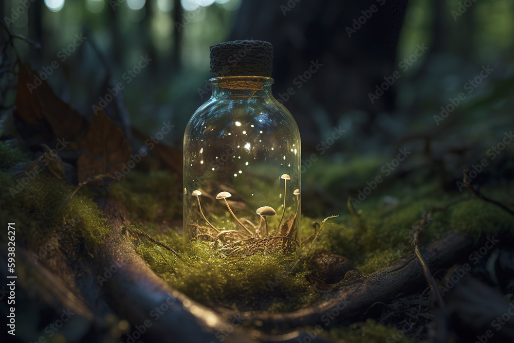 There is a bottle containing fireflies on the rocks of AI Forest There is a bottle containing fireflies on the rocks of AI Forest