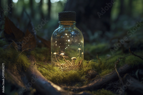 There is a bottle containing fireflies on the rocks of AI Forest