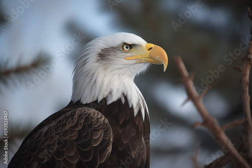 a close up of an eagle with a blurry background. Created with Generative AI Technology