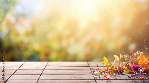 Wooden table in the garden with blur background. Blurred Summer Background Free Space 