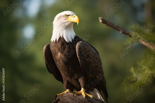 an eagle perched on top of a tree branch. Created with Generative AI Technology © dewaai