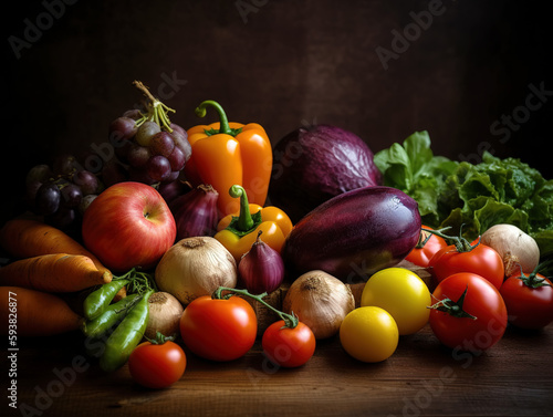 Autumn vegetables and fruits on a black stone background: pumpkin,