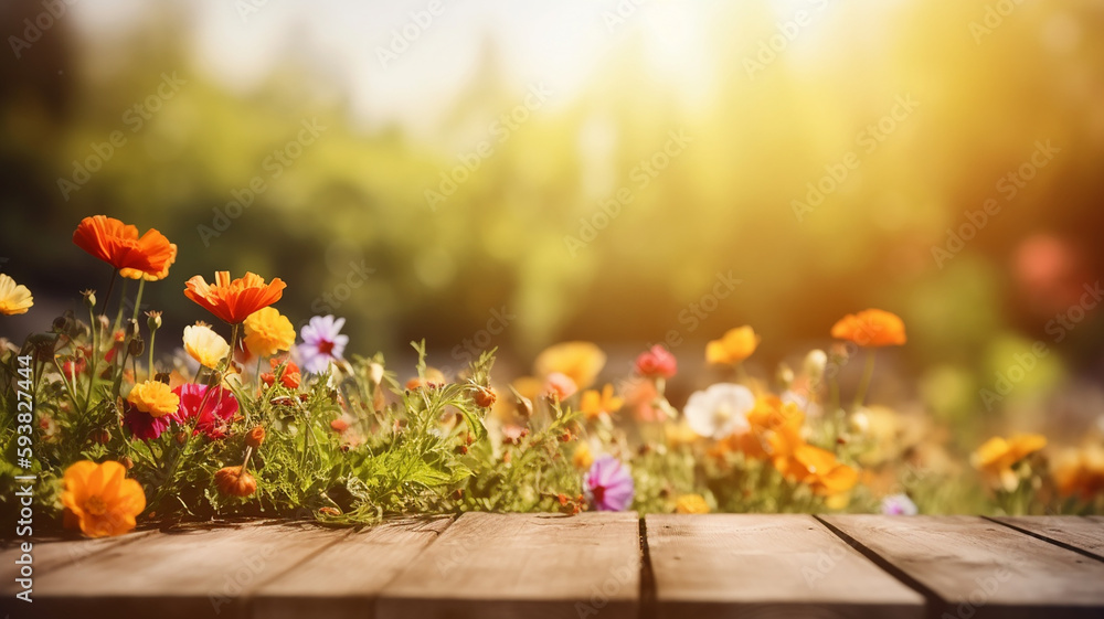 Beautiful flower in the garden near empty wood table, Blurred Summer Background Free Space 