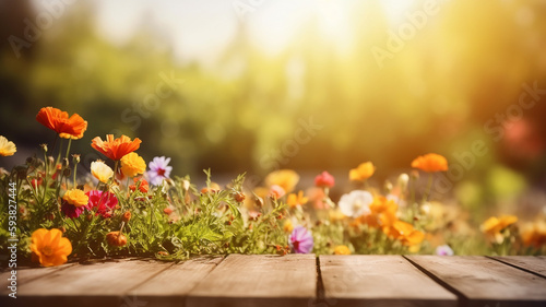 Beautiful flower in the garden near empty wood table, Blurred Summer Background Free Space  © roeum