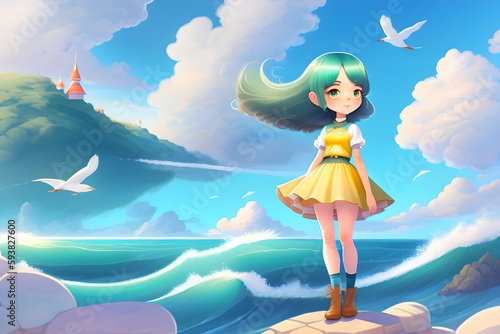 Cute cartoon style painting. In summer, there is a girl with long legs standing on the sea of fantasy world with a cold expression, girl on the beach, girl on the beach with clouds, Generative AI