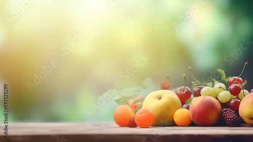 Fototapeta Naklejka Na Ścianę i Meble -  Summer fruits wallpaper with blur background. Blurred Summer Background Free Space 