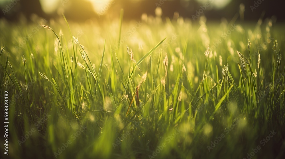 Spring or summer background of green grass with sunlight, Generative AI