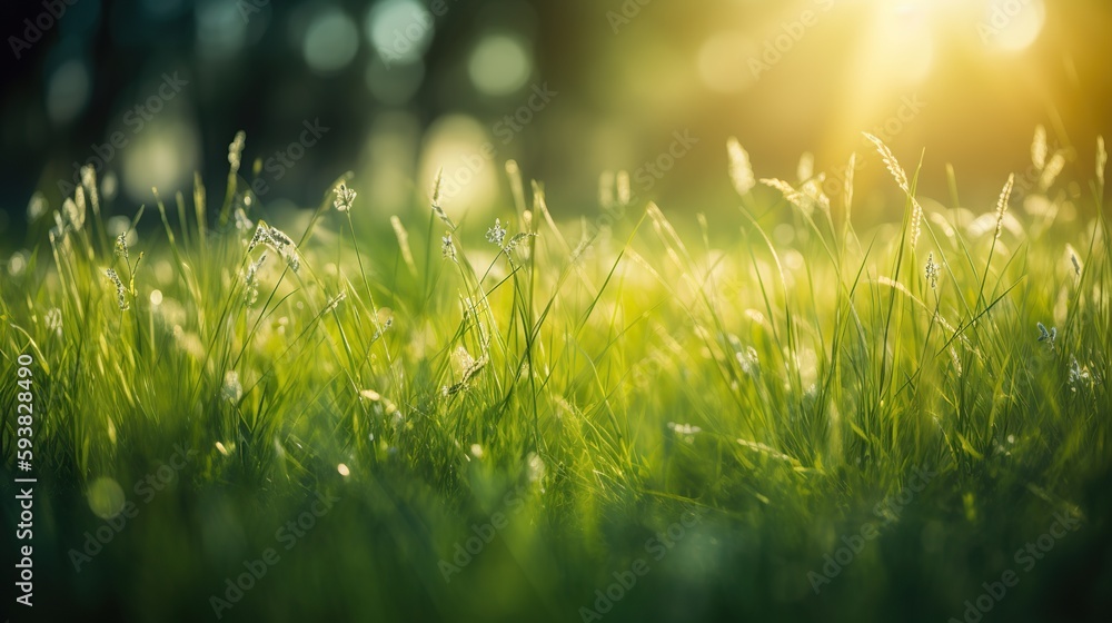 Obraz premium Spring or summer background of green grass with sunlight, Generative AI