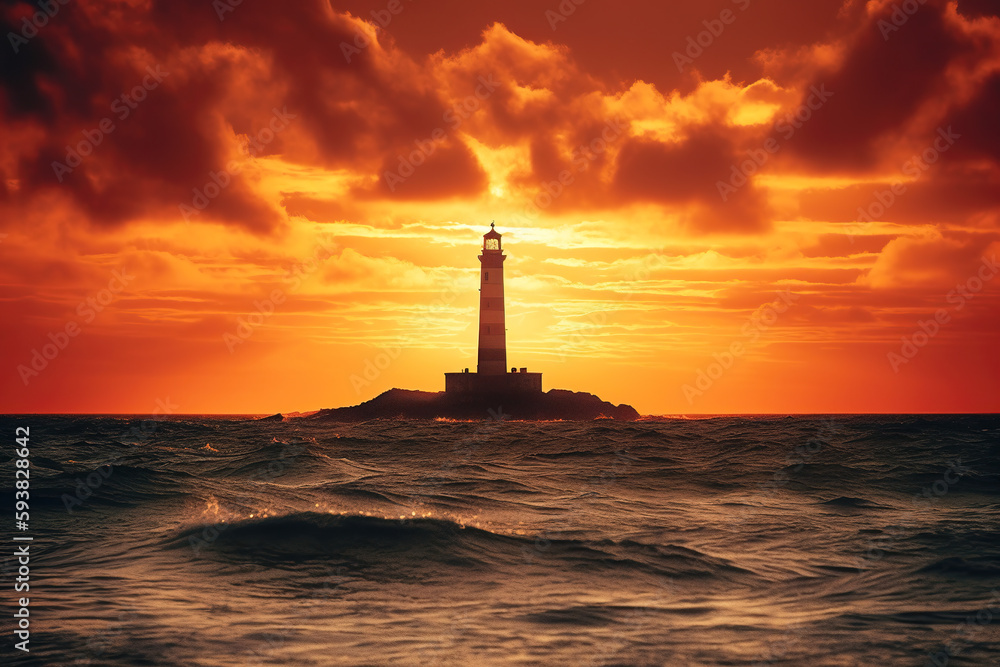 The lighthouse of the storm under the sunset sky.