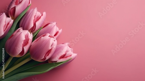 Pink tulip bouquet, spring flowers on a pastel light pink background with copy space. Mother’s day, Easter, Valentine’s Day, International women’s day, Generative AI