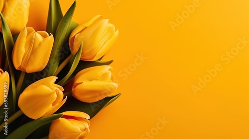 Yellow tulip bouquet, spring flowers on a pastel light yellow background with copy space. Mother’s day, Easter, Valentine’s Day, international women’s day, Generative AI