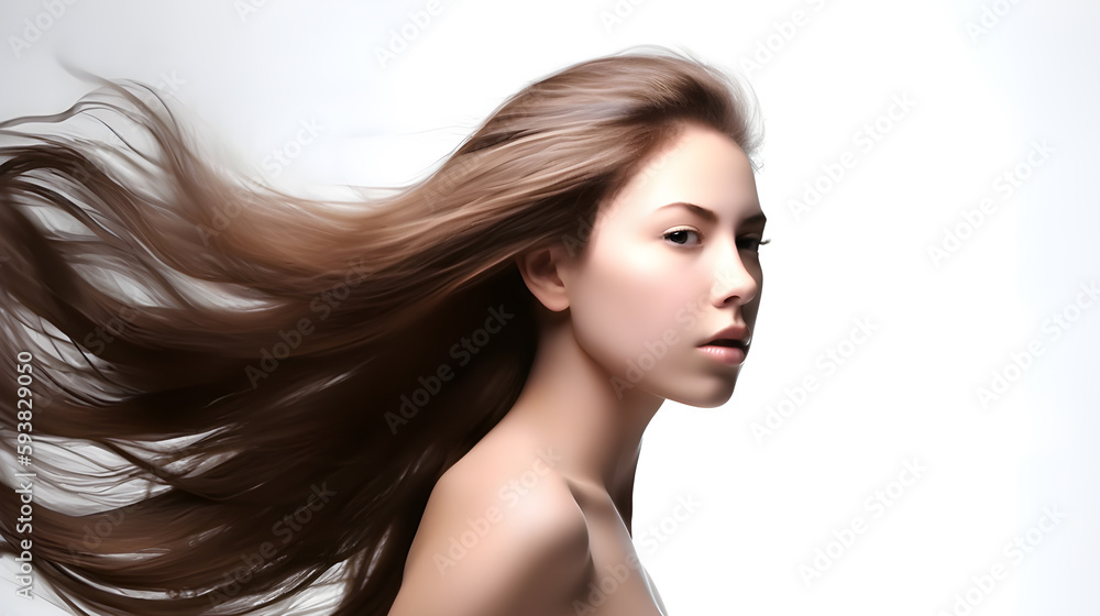 Dynamic Hair: Portrait of a Young Woman Model Posing with Swinging Head Motion. created with Generative AI Dynamic Hair: Portrait of a Young Woman Model Posing with Swinging Head Motion. created with Generative AI