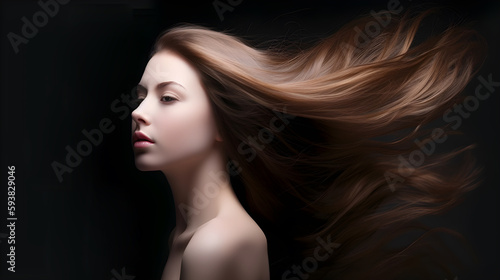 Dynamic Hair: Portrait of a Young Woman Model Posing with Swinging Head Motion. created with Generative AI