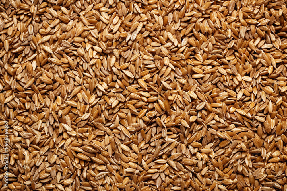 Wheat seeds, grains, and ears placed together, top view, flat, isolated on a white background, replicating space Wheat seeds, grains, and ears placed together, top view, flat, isolated on a white background, replicating space