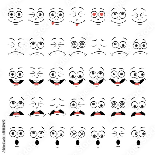 cartoon face eyes and mouth expressions smiling crying and surprised facial expressions of characters
 emotions caricature or emoticon doodle isolated vector illustration icon set