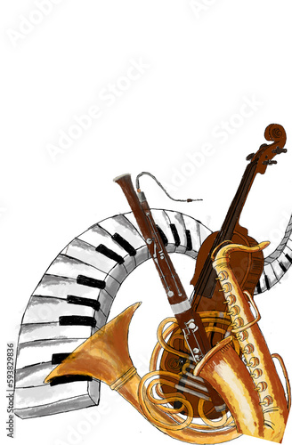 Piano, violin, fagot, saxophone