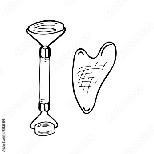 Spa facial set in hand drawn style. Set of 2. Guasha massage.
