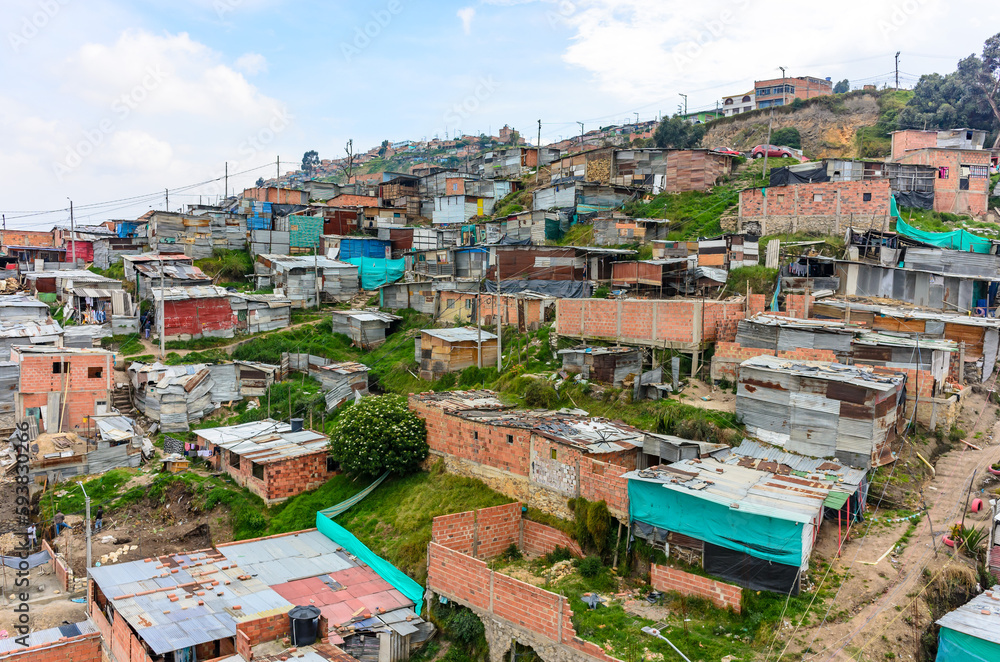 panoramic overview of a shanty town in the district ciudad bolivar in bogota, colombia