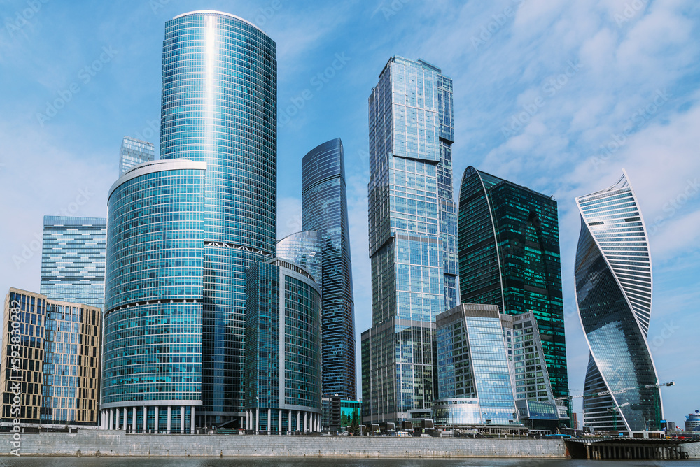 View of Skyscrapers of Moscow City district in sunny day. Moscow. Russia View of Skyscrapers of Moscow City district in sunny day. Moscow. Russia