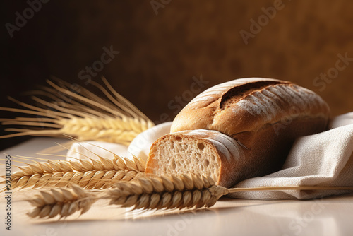 Rustic bread roll or french baguette, wheat and flour on black chalkboard. Rural kitchen or bakery - background with free text space.