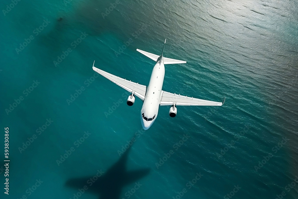 Airplane Flying Over the Ocean. Travel and Transportation Concept