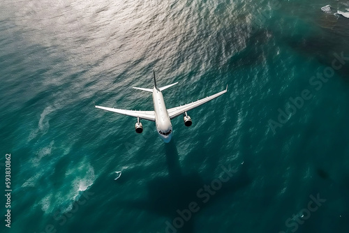 Airplane Flying Over the Ocean. Travel and Transportation Concept