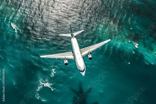 Airplane Flying Over the Ocean. Travel and Transportation Concept
