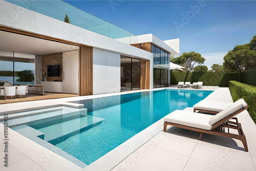 The exterior design of a house that incorporates a swimming pool using high-end materials, like marble, tile, and natural stone, to create a visually stunning and luxurious space   Generative AI © CreativeCaptures